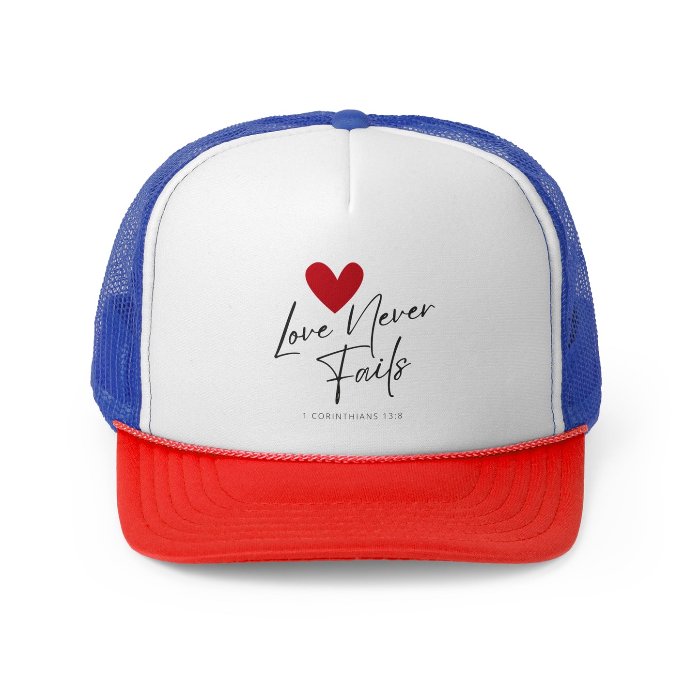 Christian Hats Love Never Fails Jesus Hat Rope Hat Christian Merch Jesus Apparel Christian Streetwear Trucker Hat Christian Spiritual Gifts