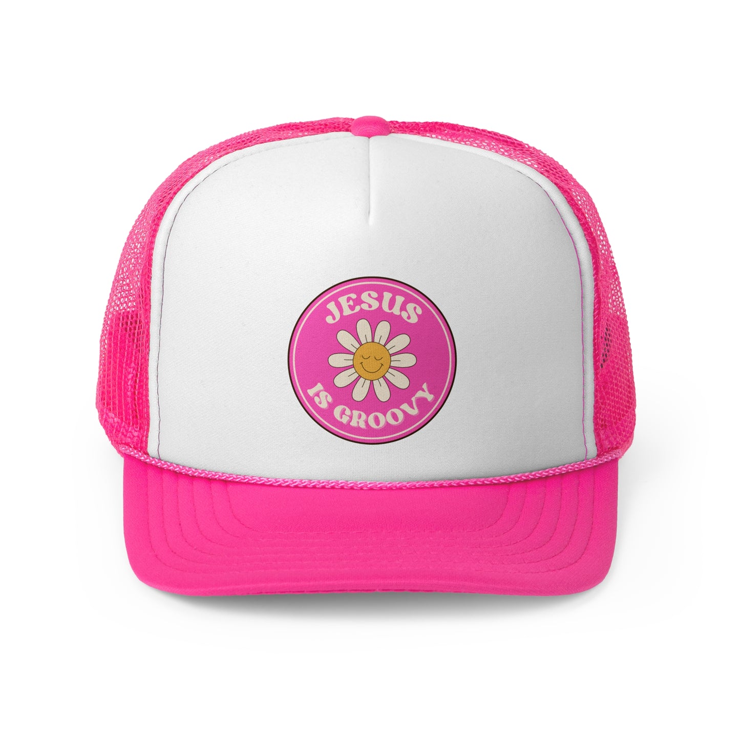 Christian Hats JESUS IS GROOVY Pink Retro Rope Hat Christian Merch Jesus Apparel Christian Streetwear Trucker Hat Christian Spiritual Gifts