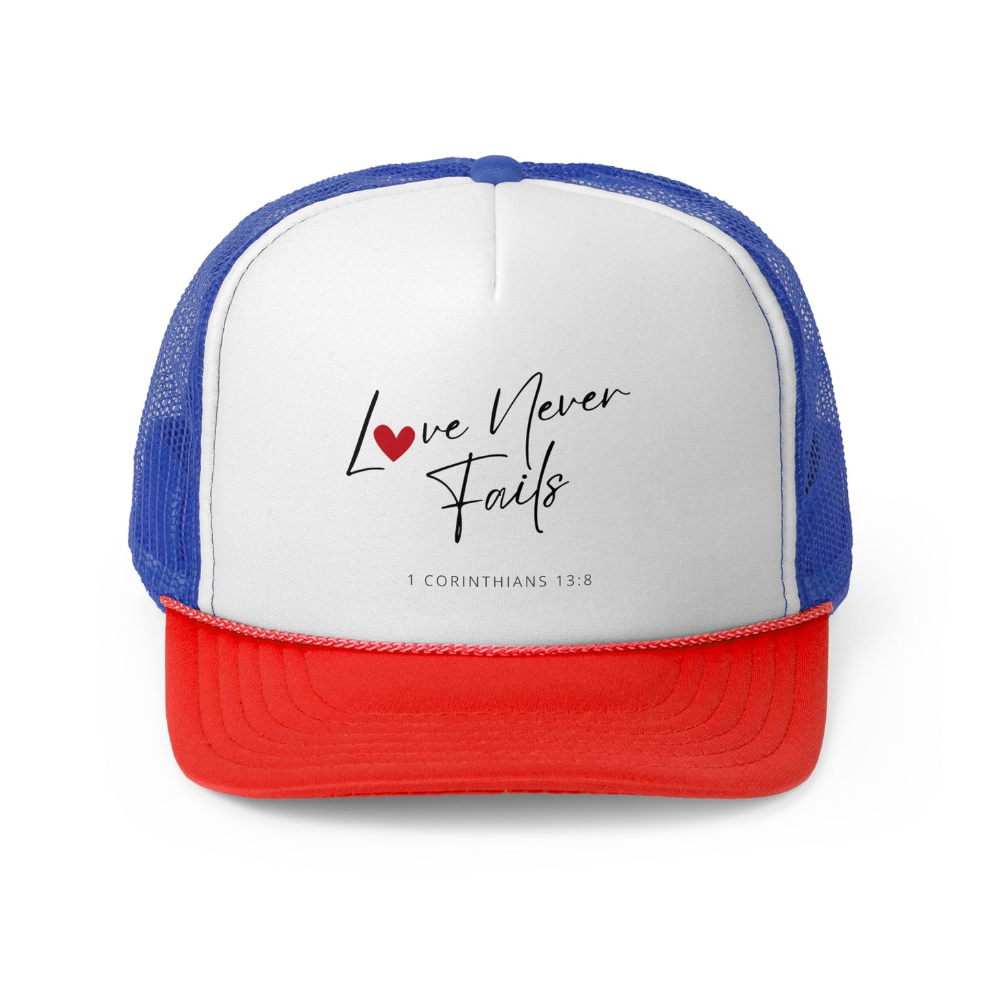 Christian Hats Love Never Fails Jesus Hat Rope Hat Christian Merch Jesus Apparel Christian Streetwear Trucker Hat Christian Spiritual Gifts